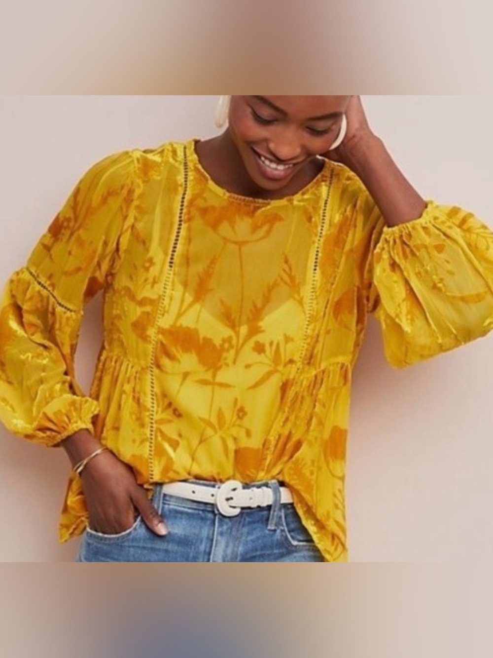 Anthropologie Meadow Rue Yolanda Velvet Burnout Peasant Blouse Top